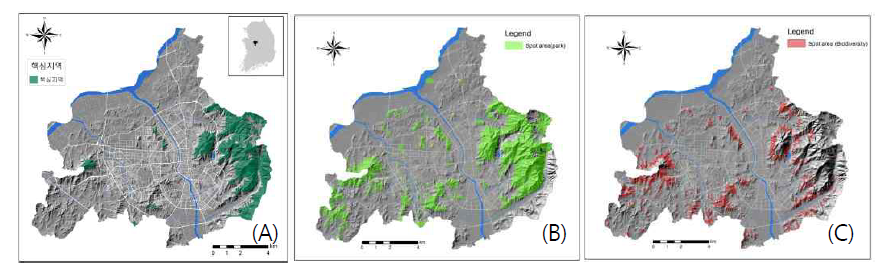 Core area (A), park-based (B) and biodiversity-based (C) area of Cheongju-si.