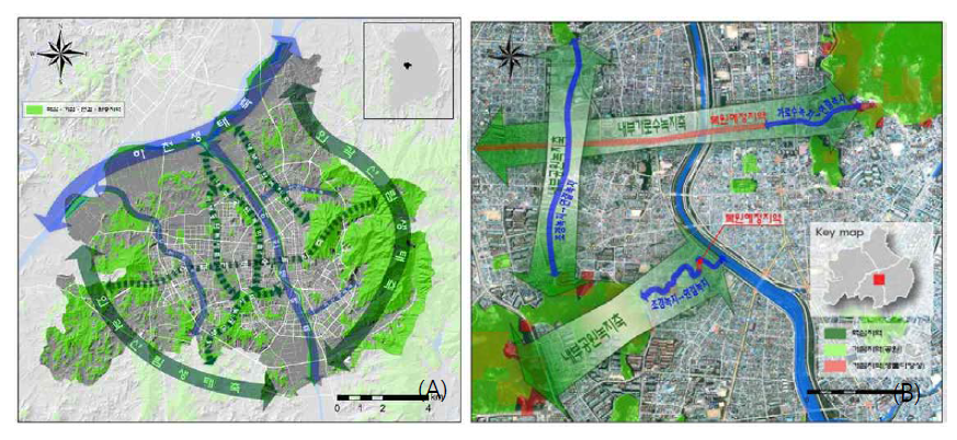 Ecological network (A) and restoration planning (B) of Cheongju-si.