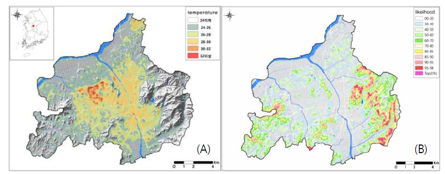 Heat island (A) and landslide vulnerable (B) of Cheongju-si.