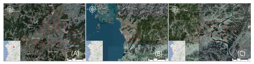 Spatial extent of the study regions : (A) Cheongju-si, (B) Boryeong-si, (C) and Buyeo-gun.