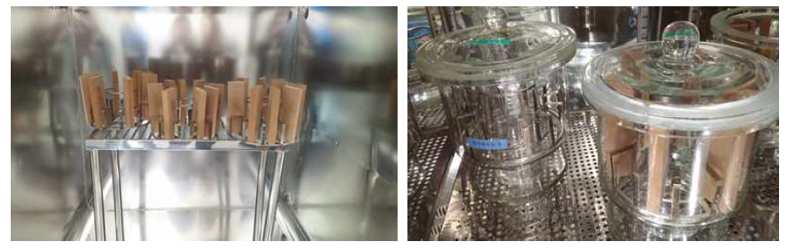 Pretreatment of wood-based panel and experimental process for emission test using desiccator.