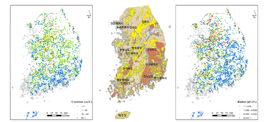 Uranium (left) and radon (right) maps in Korea (center : geologic map).