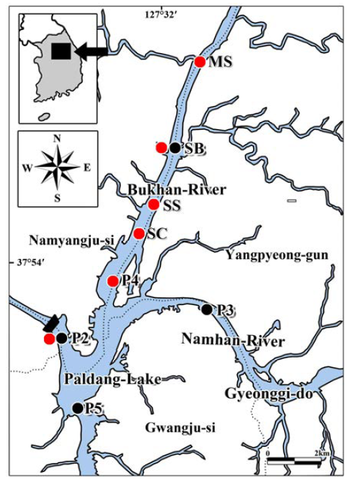 Survey sites for physicochemical factor(●), zoo- and phytoplankton(●), eco-type molecular analysis(●) and harmful cyanobacteria growth potential test in sediment(●).