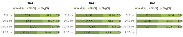 Sediment particle size distribution of testbeds.