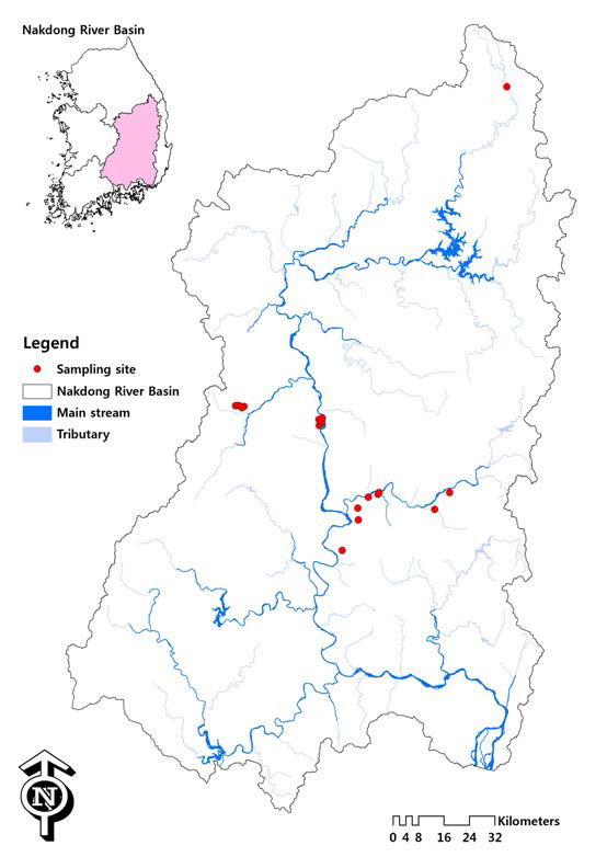 Description of sampling sites in the Nakdong river basin.