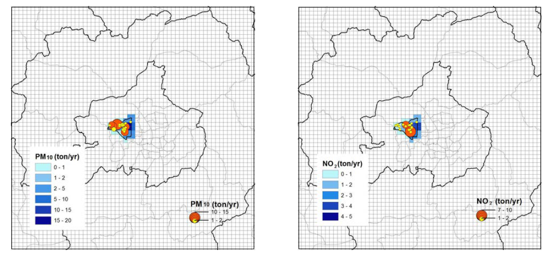청주 산업단지 내 PM10(좌), NO2(우)의 연간 배출량 공간 분포