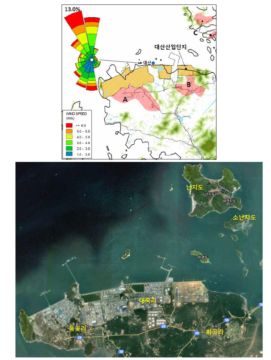 대산 산업단지 배출 대기오염물질 영향권 추정지역(붉은색 지역, A-C) 및 대산기상대 바람분포(2009-2011년 전체)(위), 산단지역 위성사진(아래).