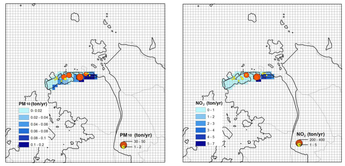 대산 산업단지 내 PM10(좌), NO2(우)의 연간 배출량 공간 분포
