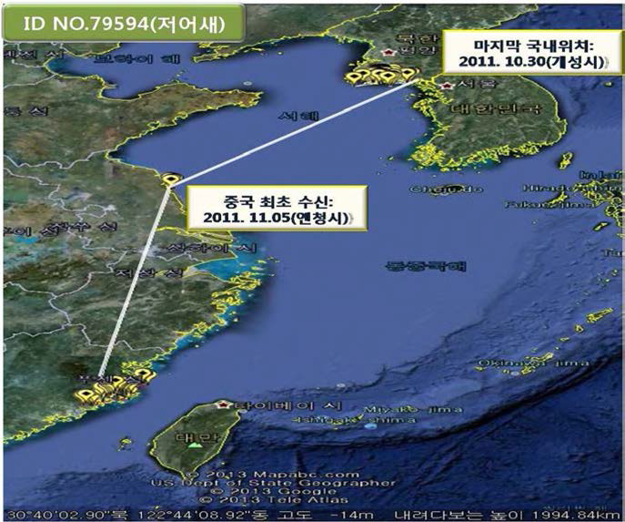 저어새(ID No. 79594)의 개성에서 중국 동부해안으로 이동경로