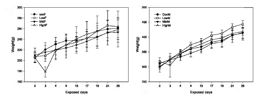 Changes of body weight in SD rats after 28day inhalation of Chloramine T.