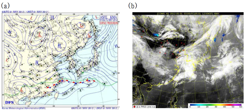 (a) Surface weather charts in 12 KST 1 May. (b) Satellite image in 12 KST 1 May.