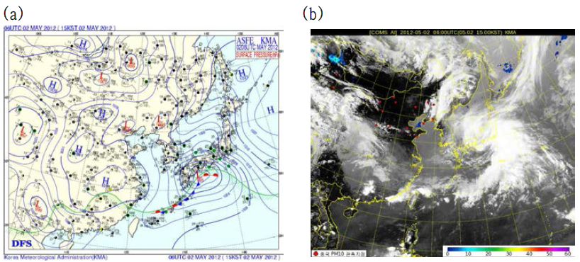 (a) Surface weather charts in 15 KST 2 May. (b) Satellite image in 15 KST 2 May.