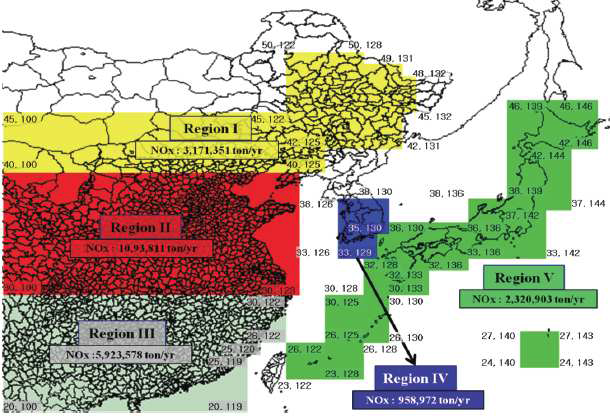 Five source and receptor regions in the LTP project. Northern China, central China, southern China, South Korea, and Japan for Region I to V are abbreviated as NCN, CCN, SCN, SKR, and JPN, respectively in the text.