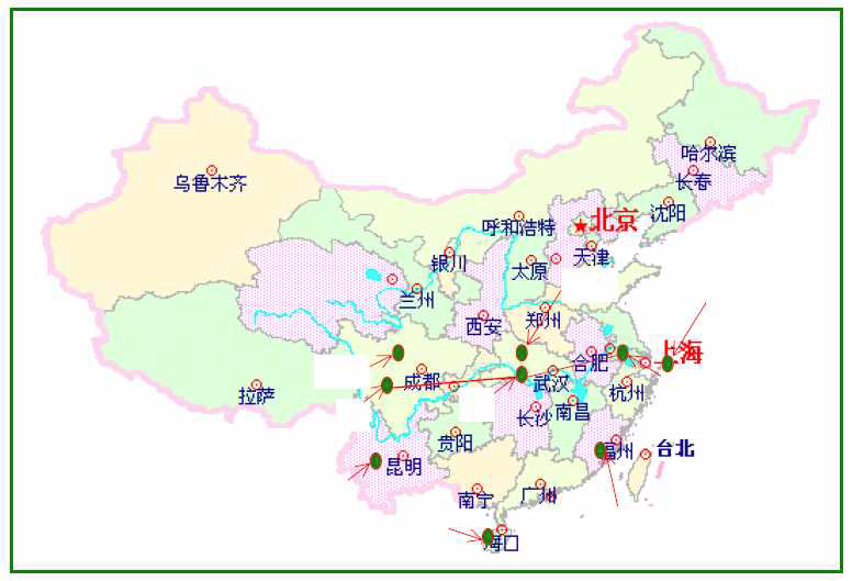 Sketch map of flight courses and flying-landing airports in aircraft measurement over Yangtze River Basin in summer, 2003 in China (LTP annual report 2005).