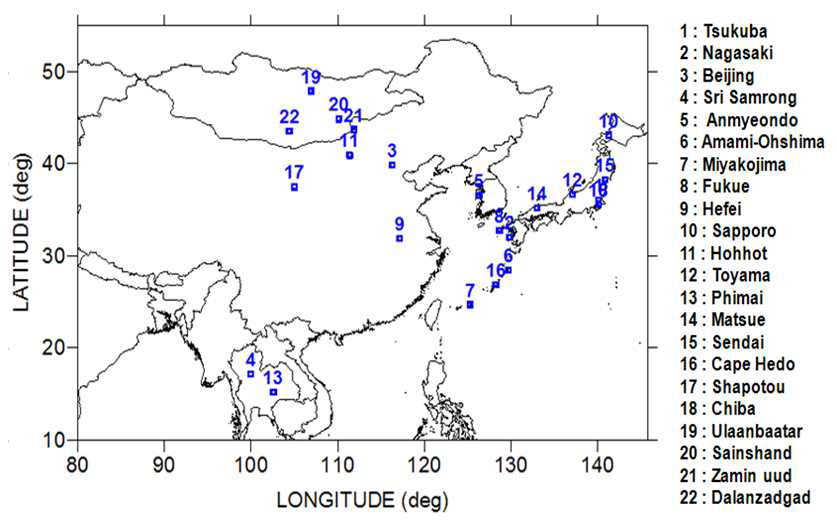 아시아 각국에서 운영하고 있는 라이다 관측망의 분포.