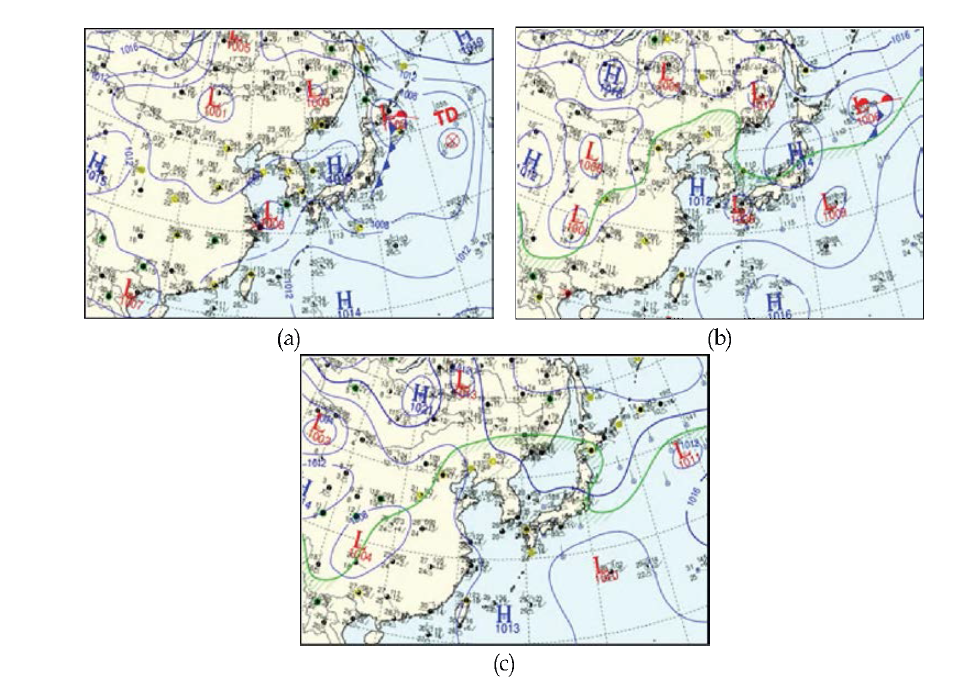 Surface weather maps at (a) 00UTC on 14 Aug., (b) 00UTC on 15 Aug., (c) 00UTC on 16 Aug.