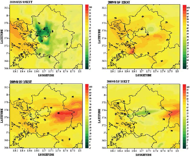 Spatial distribution of predicted and observed ozone concentration in the Seoul Metropolitan Area