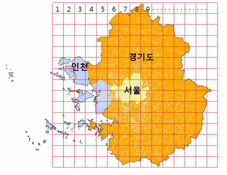 측정망 지점 선정을 위한 격자구분.