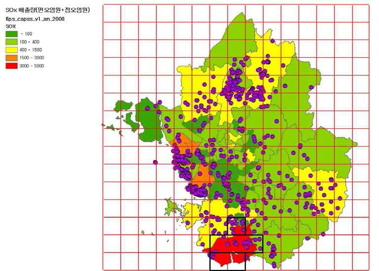 측정망 지점 선정을 위한 기준 13-CAPSS SOx 배출량.