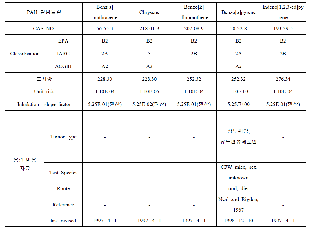 PAH 발암물질 독성정보 및 건강영향