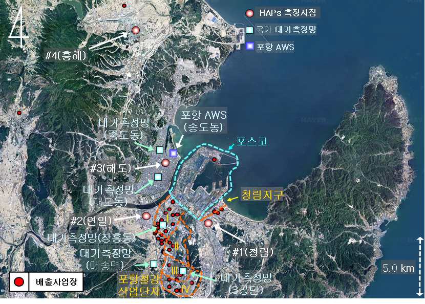 포항지역의 화학물질 배출사업장의 공간적 분포.