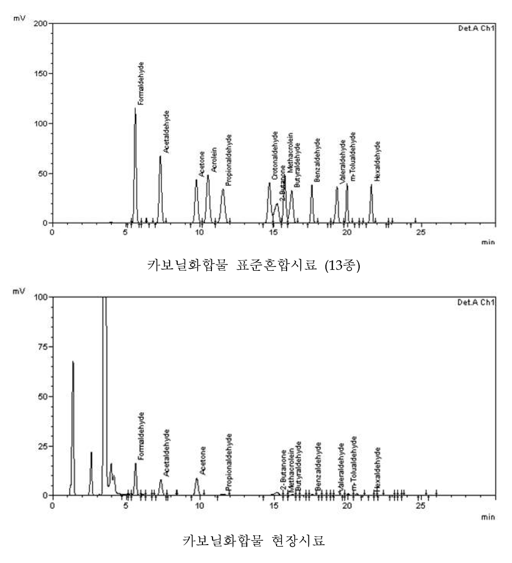 카보닐화합물 표준시료와 현장시료에 대한 크로마토그램 일례