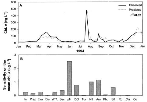 An ANN model fit to the chlorophyll-a data observed at Mulgum(a) and the sensitivity of input variables on the mean chl-a level (b)