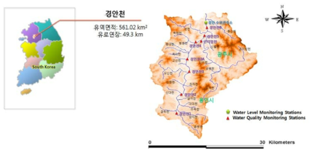 A location map including the monitoring stations in the Gyeongsan stream watershed