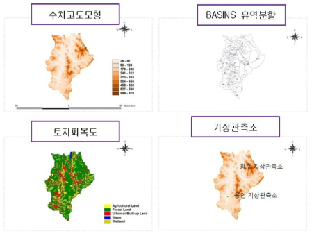 DEM, Delineation, Land use map and weather stations of Gyeong-an stream watershed