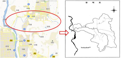 한천 유역도(물환경정보시스템, 한천 하천정비기본계획서