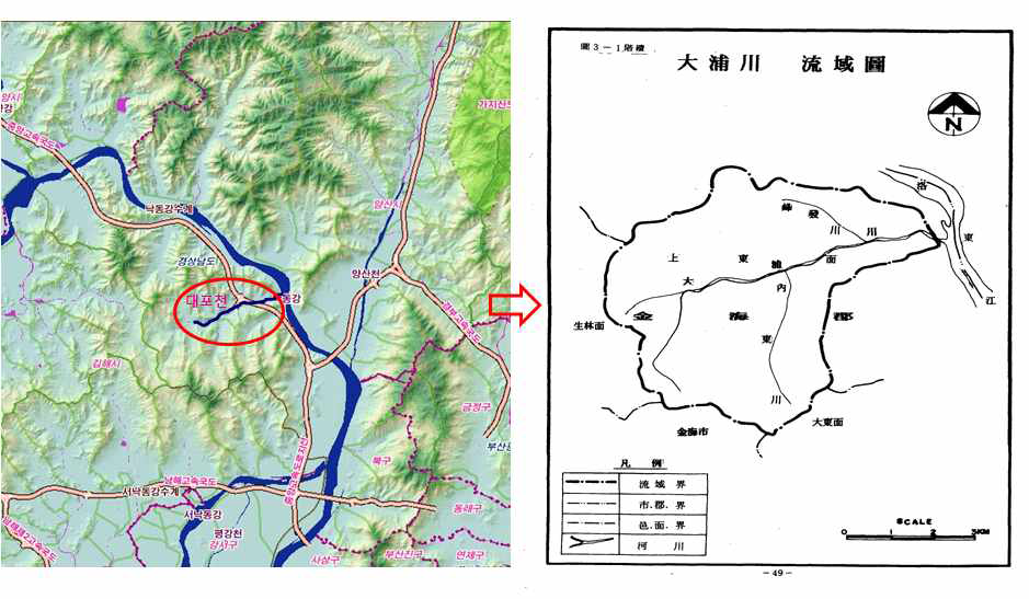 대포천 위성사진 및 유역도