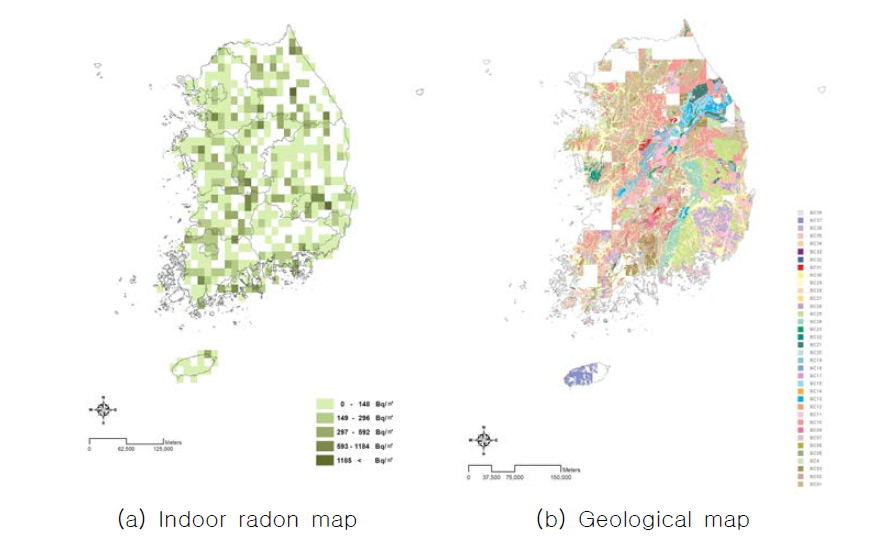 Comparison of indoor radon level and geological map