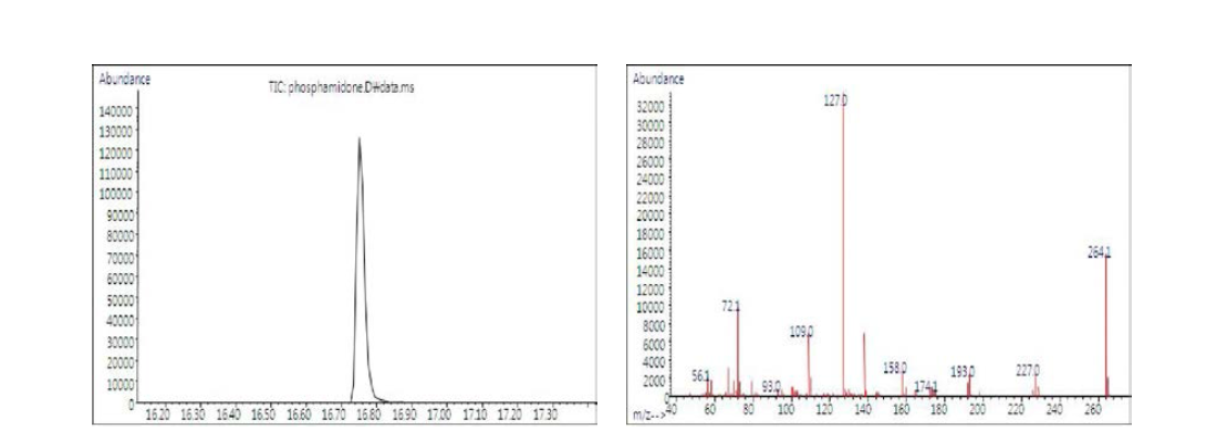 분석대상 농약의 단성분 Chromatogram 및 mass spectra : Phoshamidone