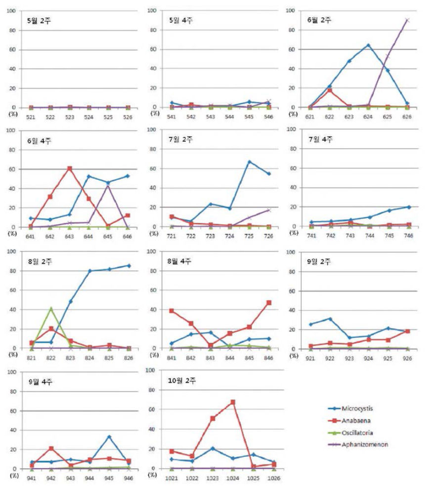 시기별 유해 남조류 속(genus) 수준의 변화.
