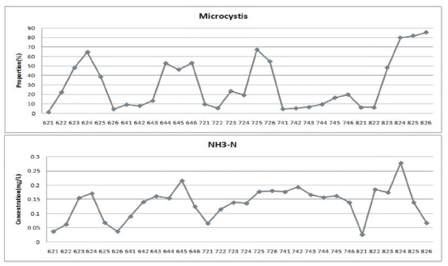 Microcystis 속과 NH3-N의 변화 경향 비교.