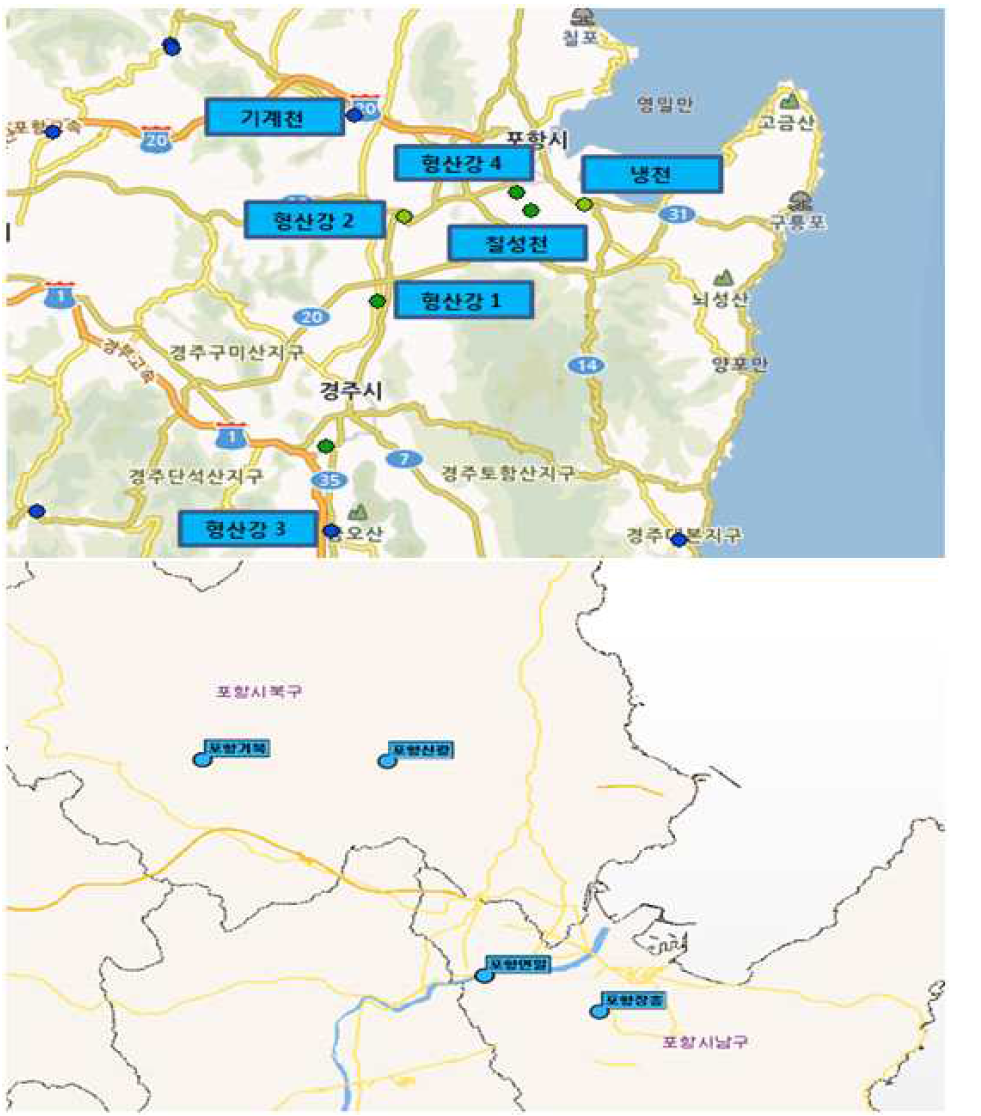 포항시 수질 및 지하수 측정망 분석지점.