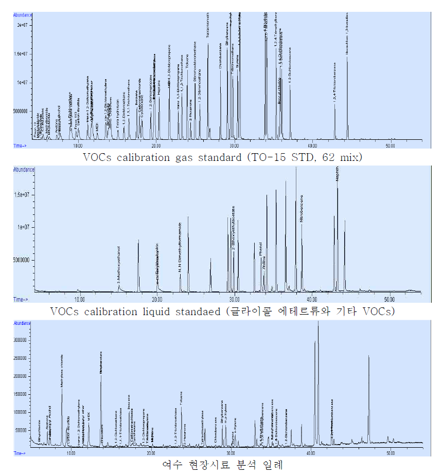 VOCs 표준시료 및 실제시료의 GC/MS 크로마토그램 일례