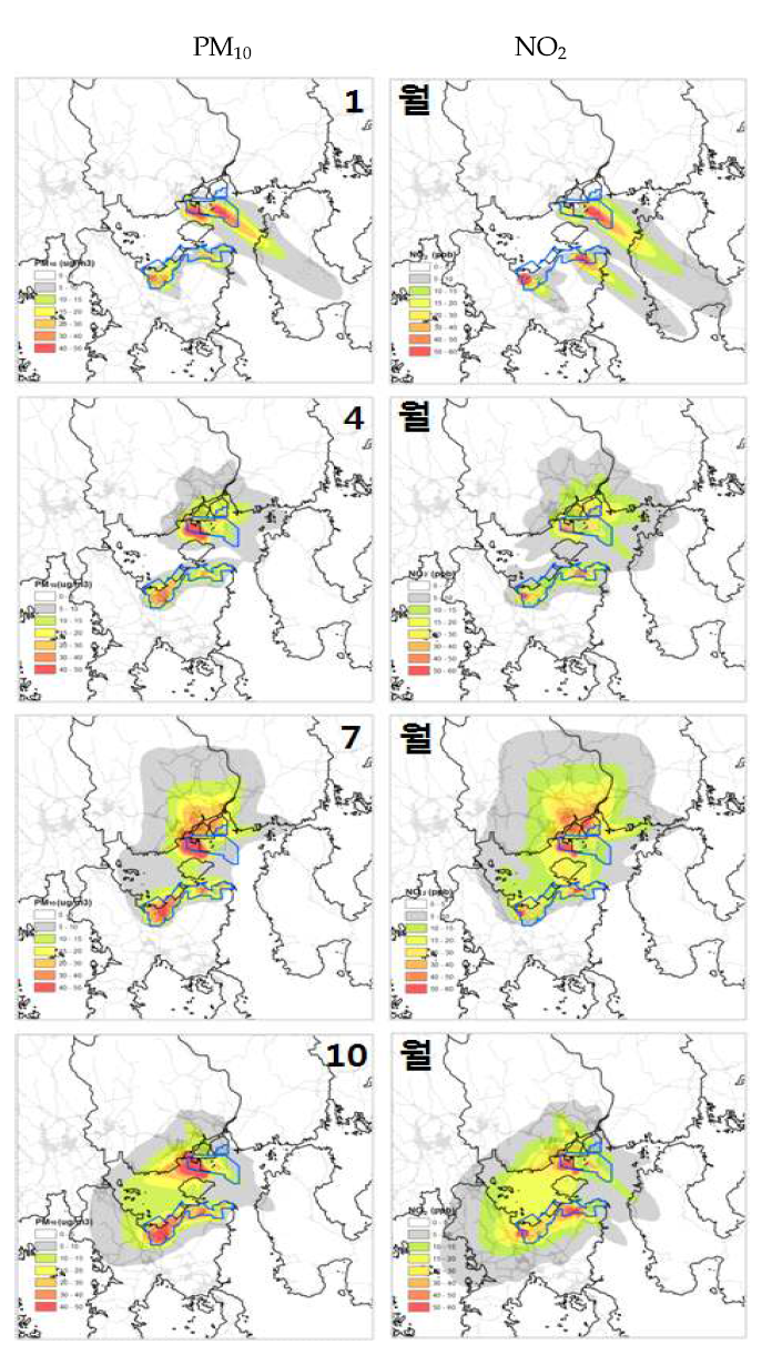 Distribution of PM10 and NO2 concentration by season in Yeosu industrial complex(CALPUFF modeling).