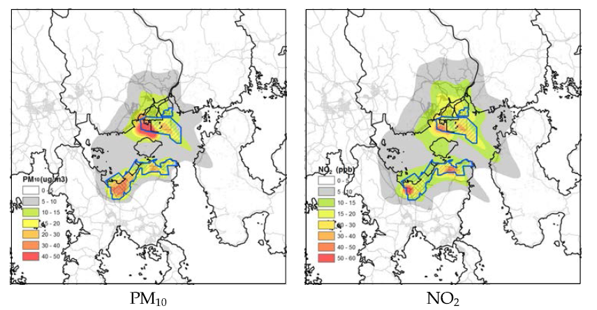 Distribution of PM10 and NO2 concentration in Yeosu industrial complex in the year 2011(CALPUFF modeling).