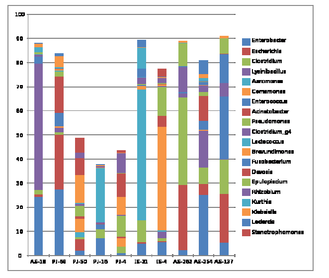 Relative abundance of microbial genus identified in fecal samples of wild birds.