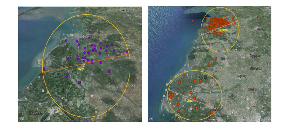 Habitat of blackfaced spoonbill(ID No. 79593) in Taiwan in 2011(a) and 2012(b)