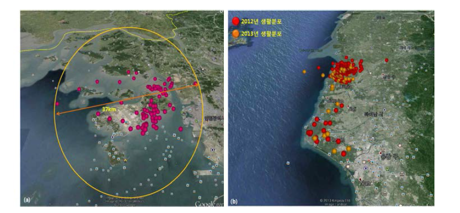 Habitat of blackfaced spoonbill(ID No. 79593) in Korea(a) and Taiwan(b) in 2013