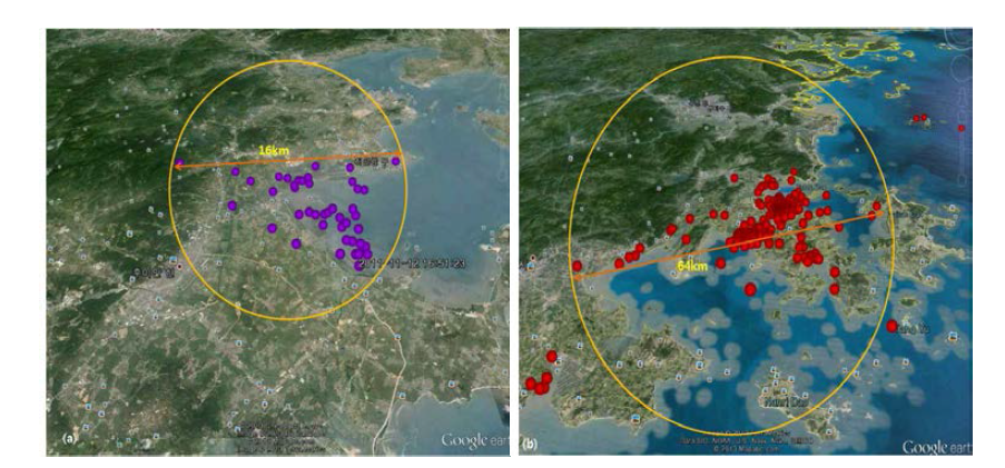 Habitat of blackfaced spoonbill(ID No. 79594) in 2011(a) and 2012(b) in China