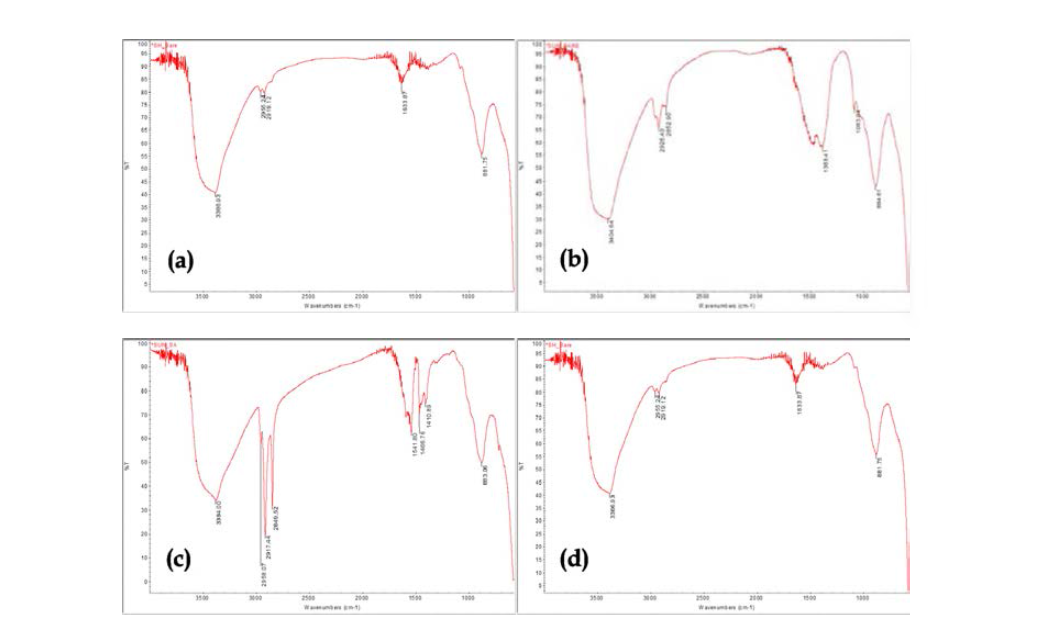 FT-IR spectra of nZnO SH-Bare (a), nZnO SUN-Bare (b), nZnO SUN-SA (c) and nZnO SUN-NCO (d).