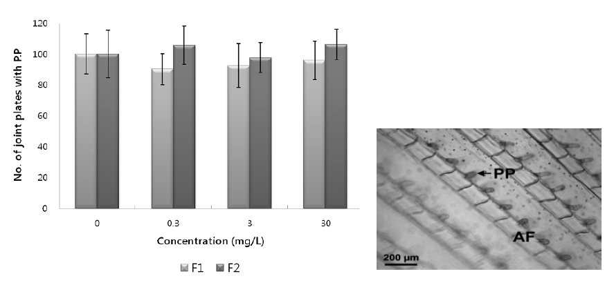 Second characteristic of the male medaka exposed to PFOA. Number of joint plates with papillary processes(Left). Papillary processes of the male medaka(PP, papillary processes; AF, anal fin)(Right).