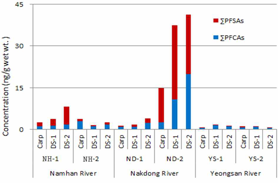 Average levels of PFCs in the muscle of freshwater fishes Carp: crucian carp, DS: other dominant fish at the site.