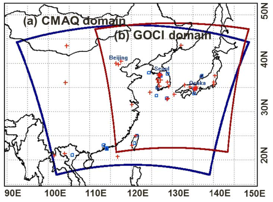 DRAGON-NE Asia 캠페인을 겨냥한 (a) CMAQ의 모델링 영역 및 (b) 정지궤도위성 센서인 GOCI의 관측 영역