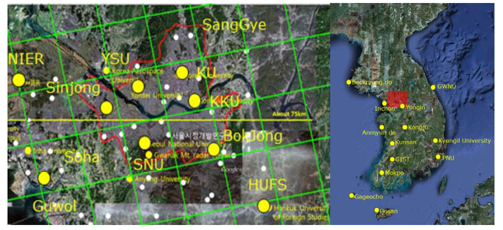 DRAGON 캠페인 기간 동안 서울 및 한반도 전역에 설치된 AERONET sun/sky radiometer 관측소 위치