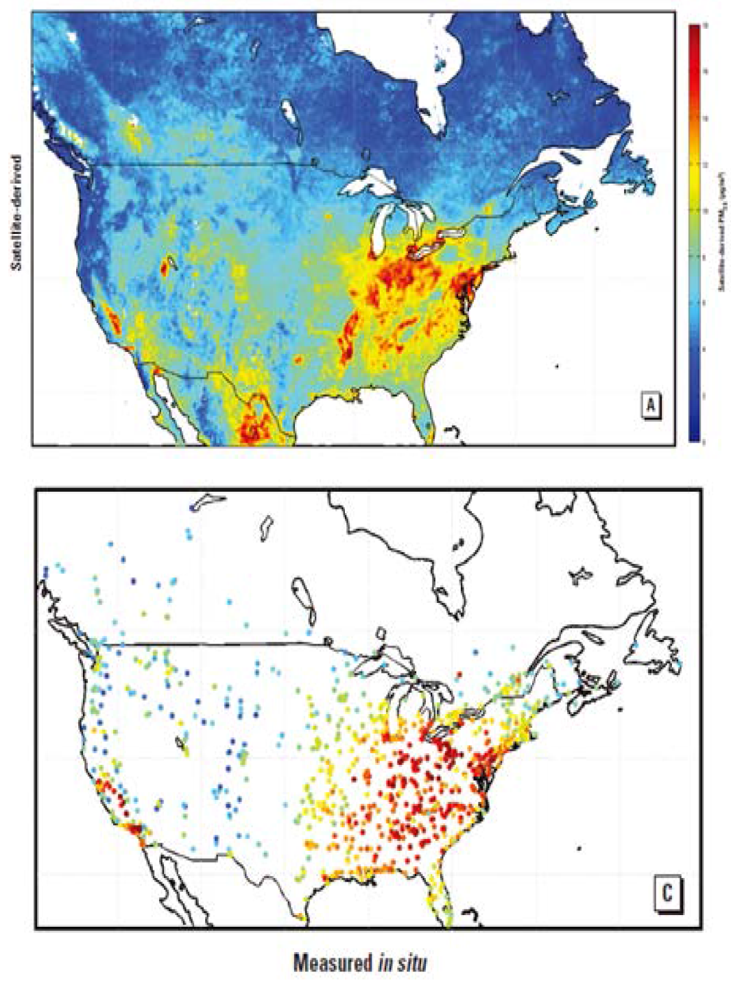 미국 IMPROVE에서 관측한 평균 PM2.5 농도 (아래) 와 위성으로부터 산출한 PM10 (위) (Van Donkelaar et al., 2010)