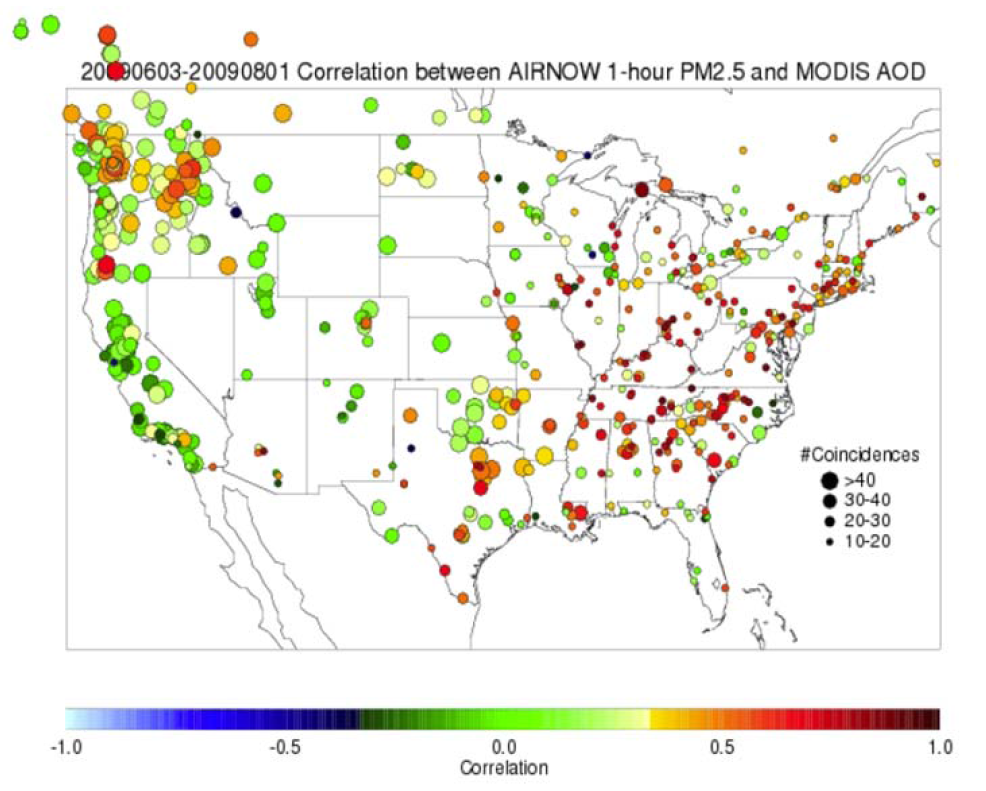 미국에서 측정한 PM2.5와 MODIS 위성으로부터 산출한 AOD와의 상관관계의 지역적 분포